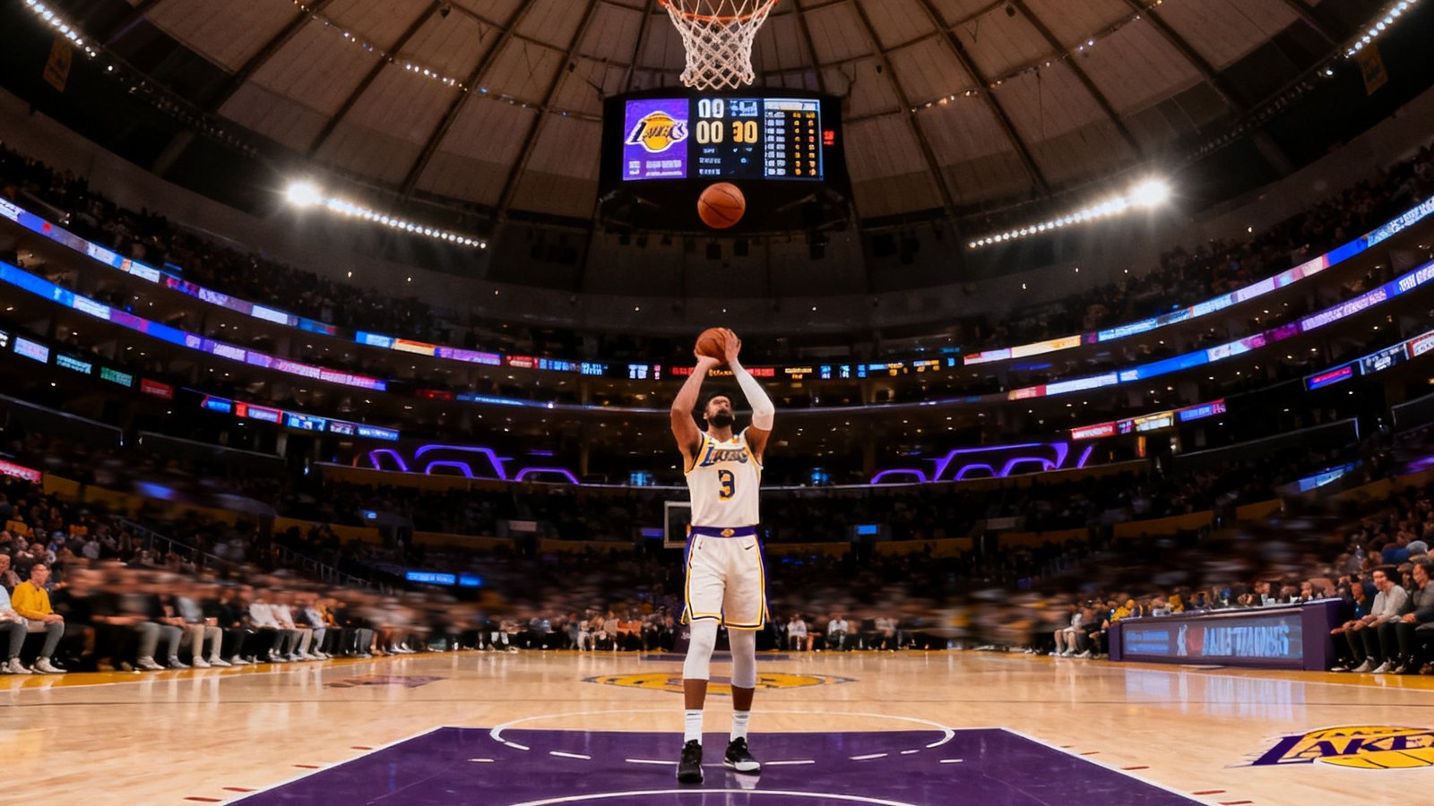 NBA常规赛湖人主场对阵勇士的高清直播画面，球馆内灯光璀璨，球员正在罚球线上准备投篮，比分牌清晰可见